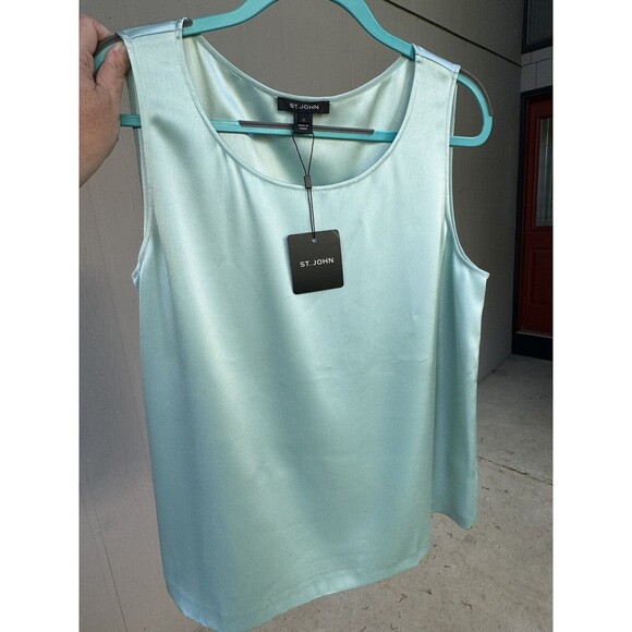 NWT St. John Sleeveless Blouse Satin Women’s Size Large Turquoise Blue Green - Picture 9 of 9